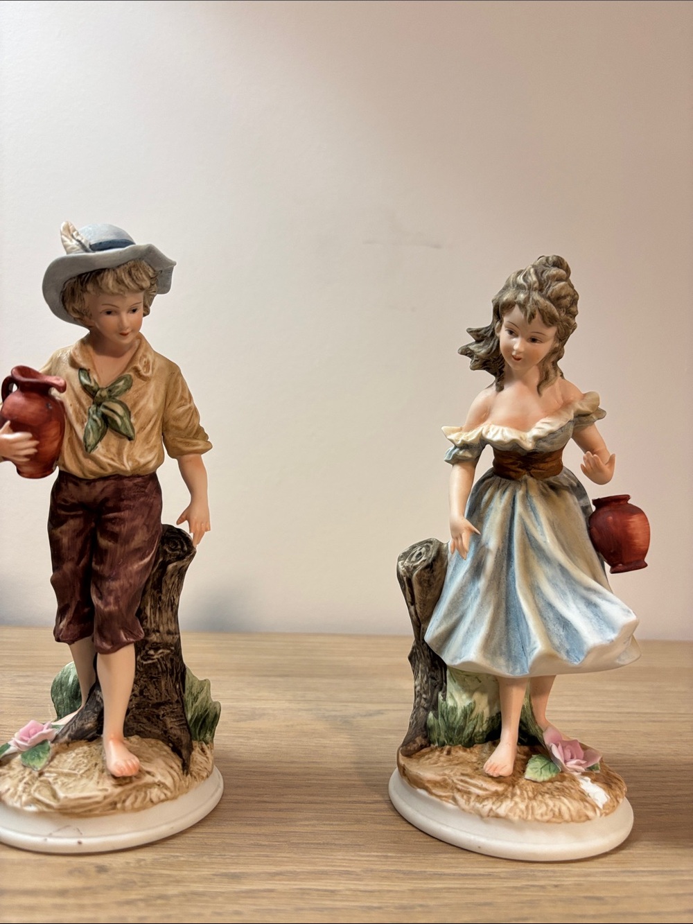 Porcelain Boy and Girl Figurine Set - Blue and Brown